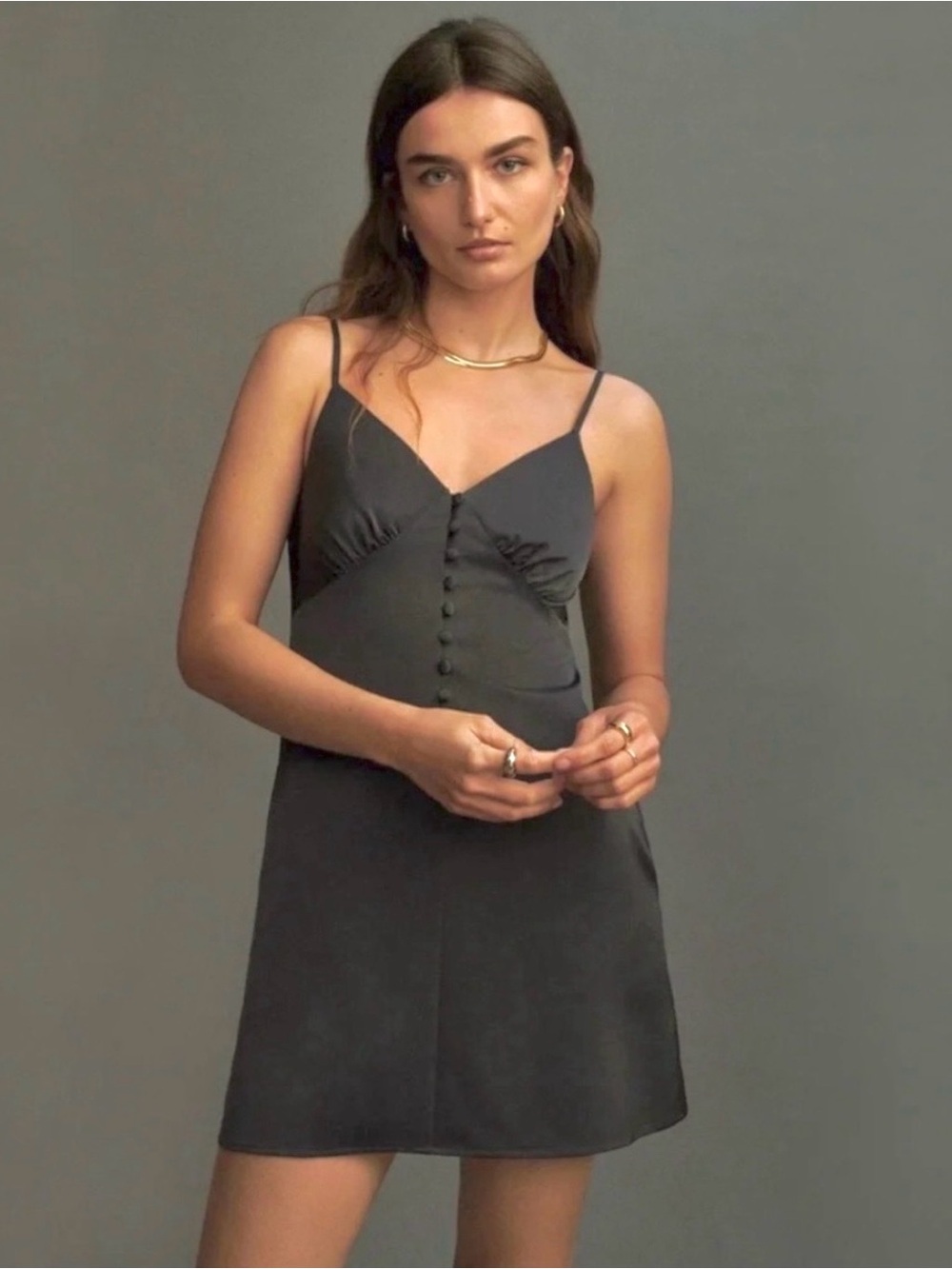 NWOT 🆕 Anthropologie “Mare Mare” Satin Slip Mini Dress • Deep Gray • Medium - Picture 1 of 13